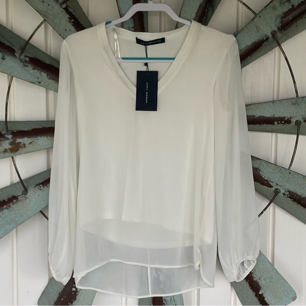 Zara Woman Sheer White Long Sleeve Blouse Size Medium - Picture 1 of 14
